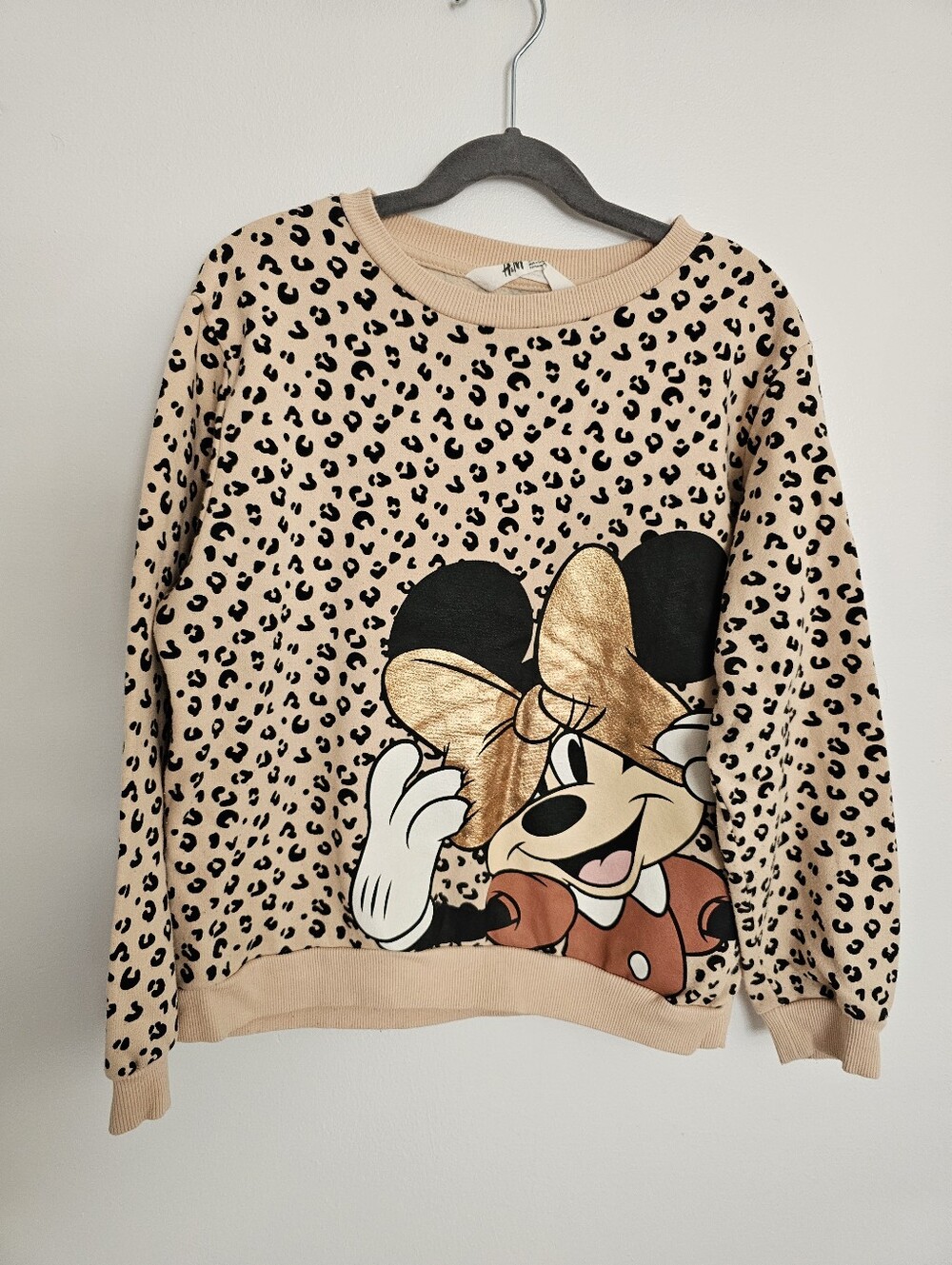 🧸2/20$ H&M x Disney Minnie Mouse Leopard Sweater Size 8-10 Girl Rose Gold Bow
